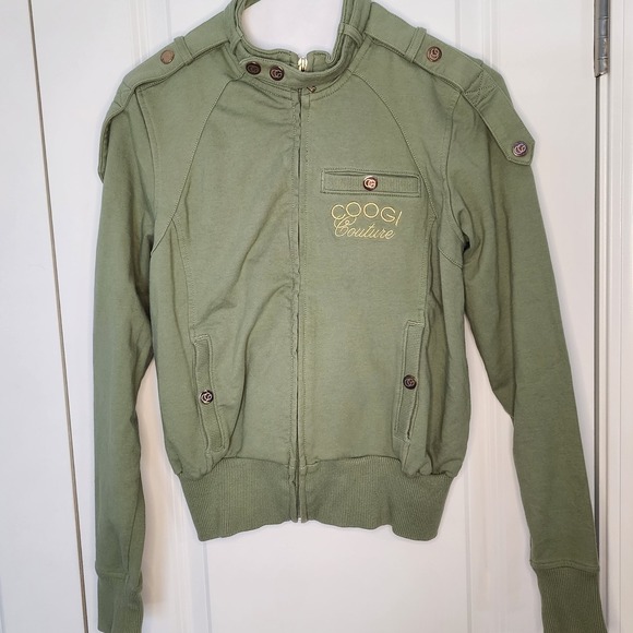 COOGI Couture Jacket Womens Medium Olive Green Embellished Eagle Bomber - Picture 1 of 6